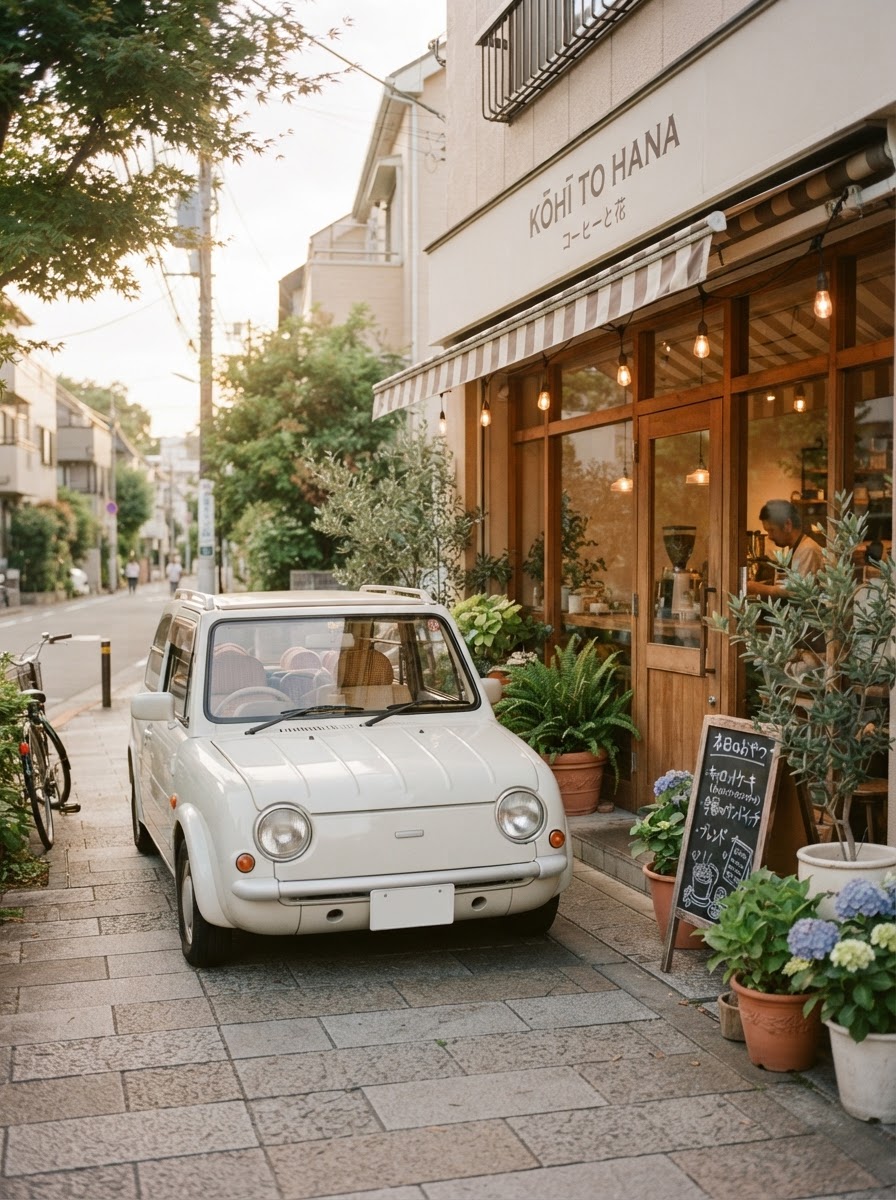 街のカフェの前に停めた軽自動車