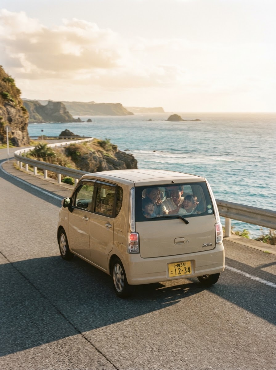 海沿いの道を走る軽自動車