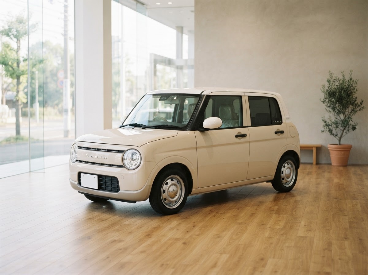 ショールームに展示されたベージュの軽自動車